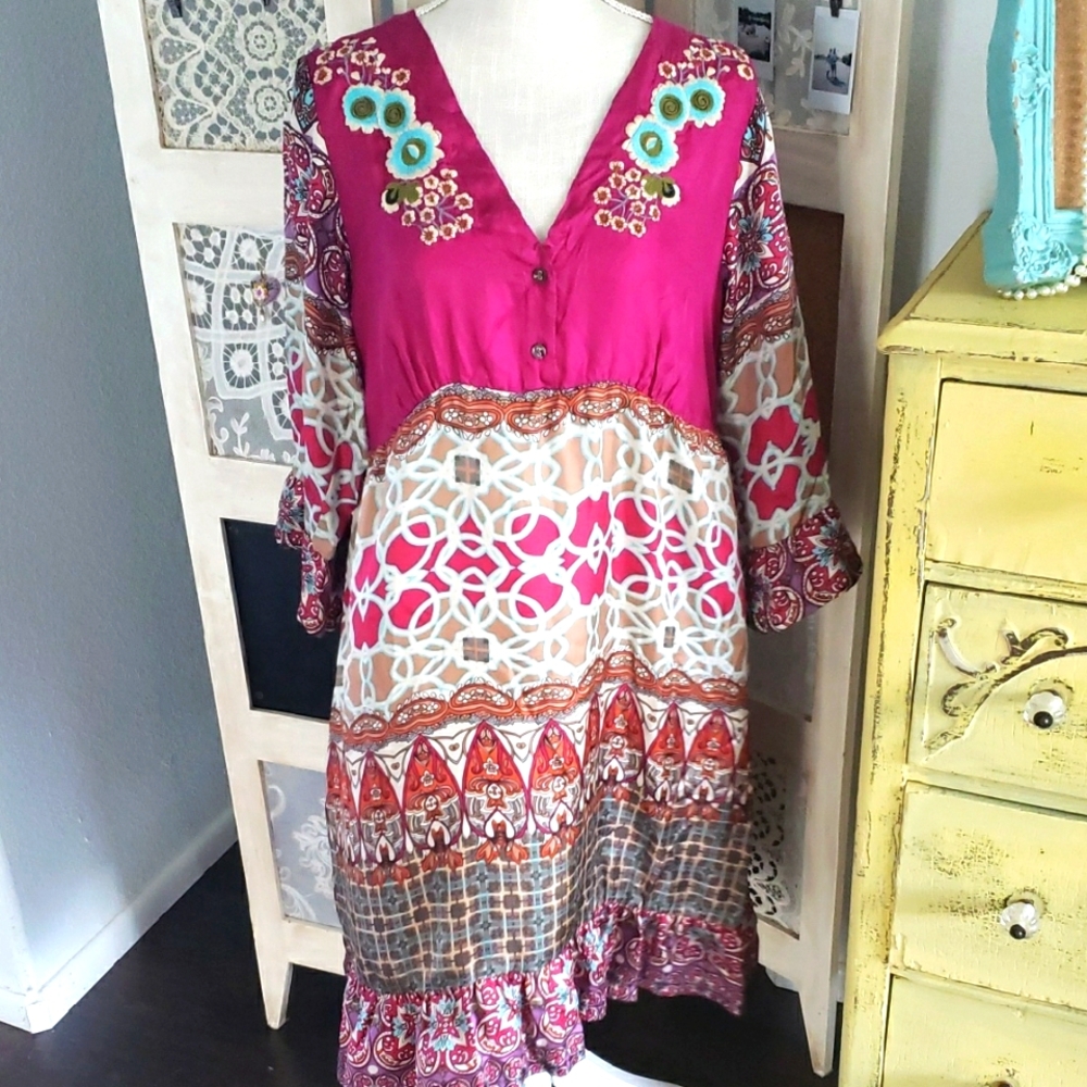 Johnny Was Silk Vibrant Pink and Multicolor Bohemian Dress